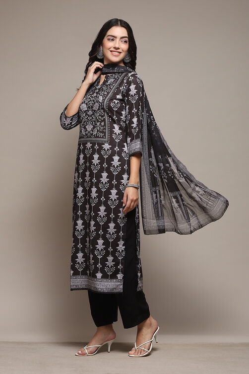 Black Silk Blend Digital Print Unstitched Suit Set image number 5