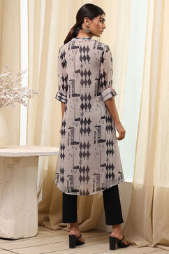 Grey Printed Pleated A-Line Kurta image number 3