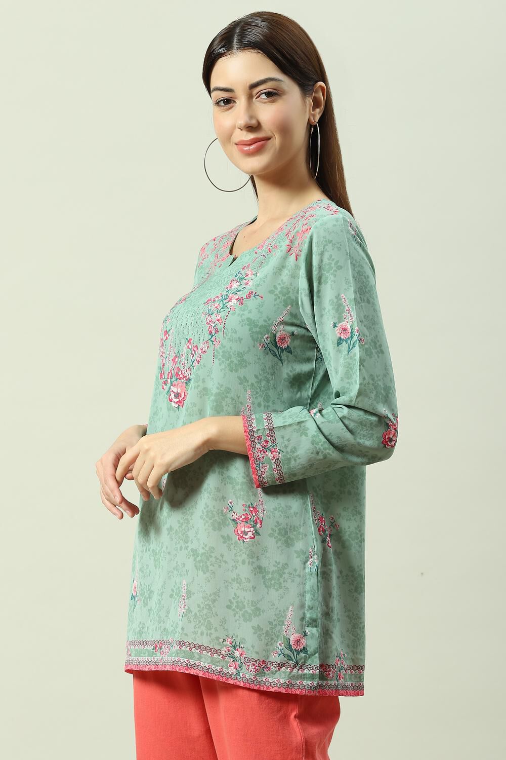 Sea Green Floral Printed Straight Kurti image number 2