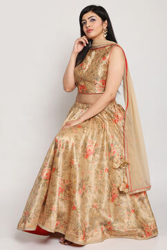 Beige Poly Metallic Floral Lehenga Set image number 0