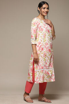 Off White Cotton Straight Printed Kurta image number 2