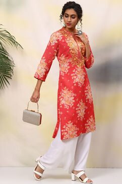 Red Poly Cotton Straight Printed Kurta image number 5