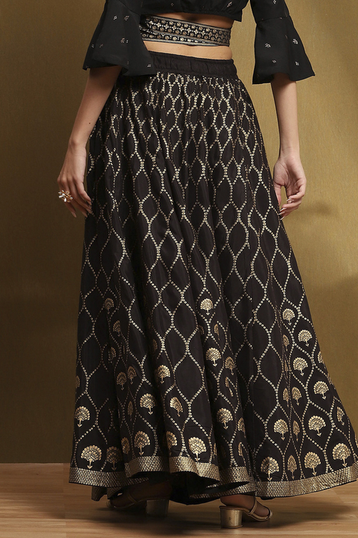 Black Shantoon Block Printed Festive Skirt image number 5