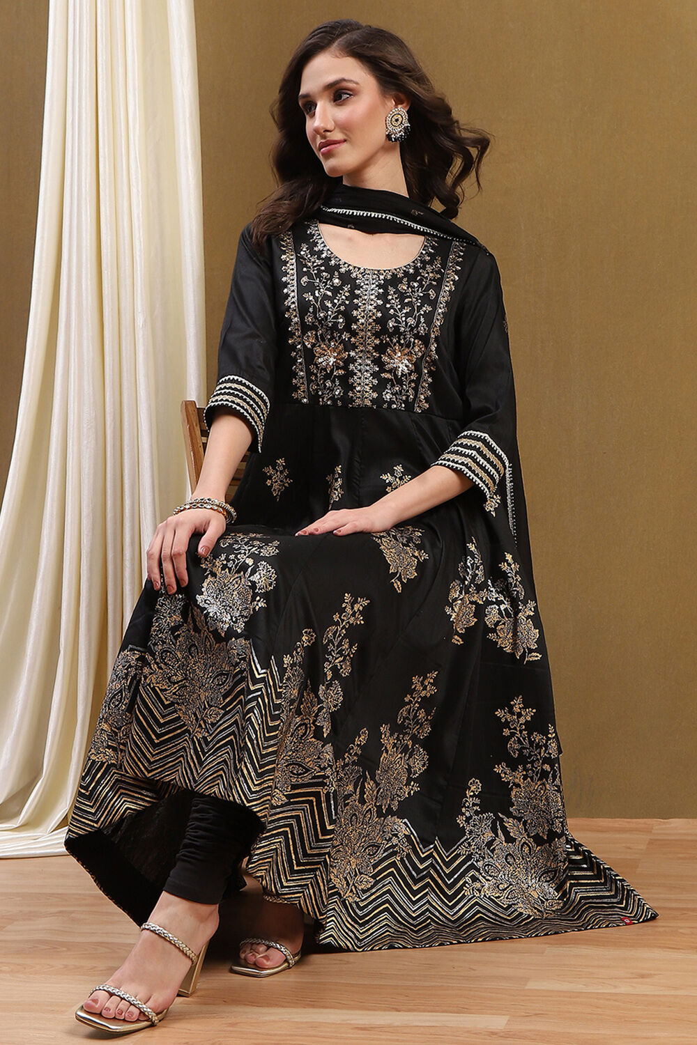 Black Floral Printed Festive Anarkali Suit Set at Biba India