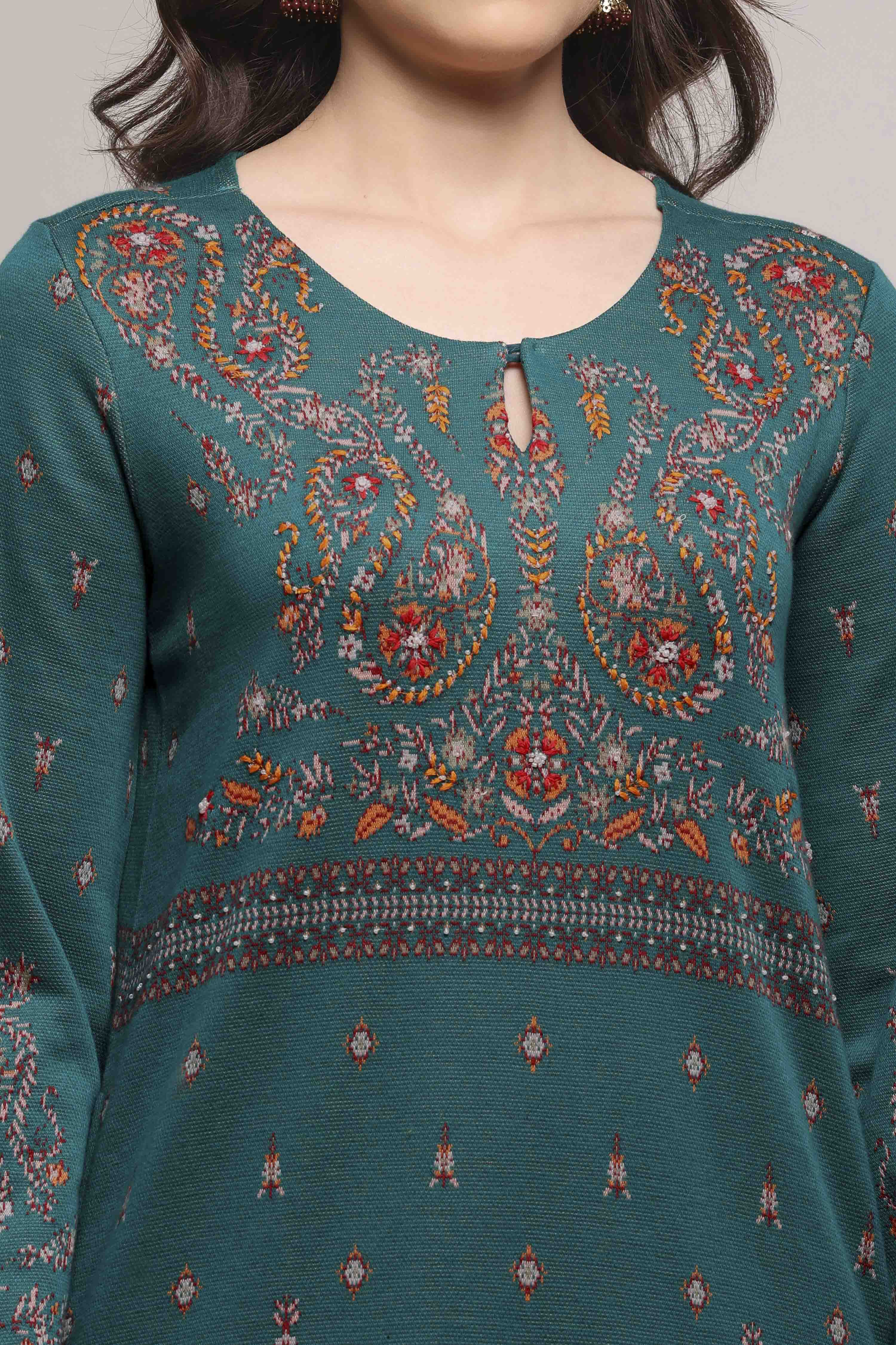 Green Printed Straight Winter Suit Set image number 1