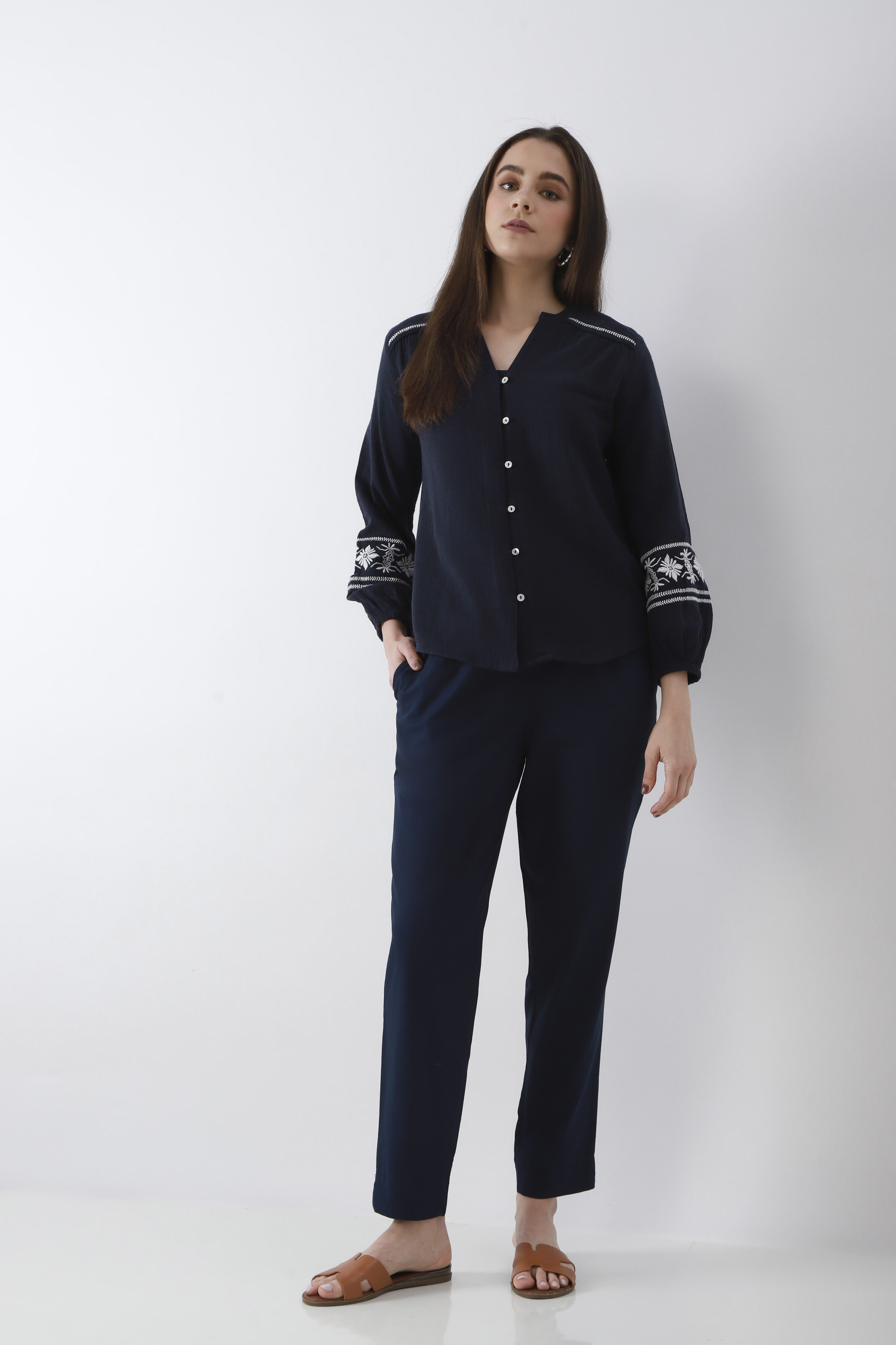 Blue Cotton Slim Pants image number 0