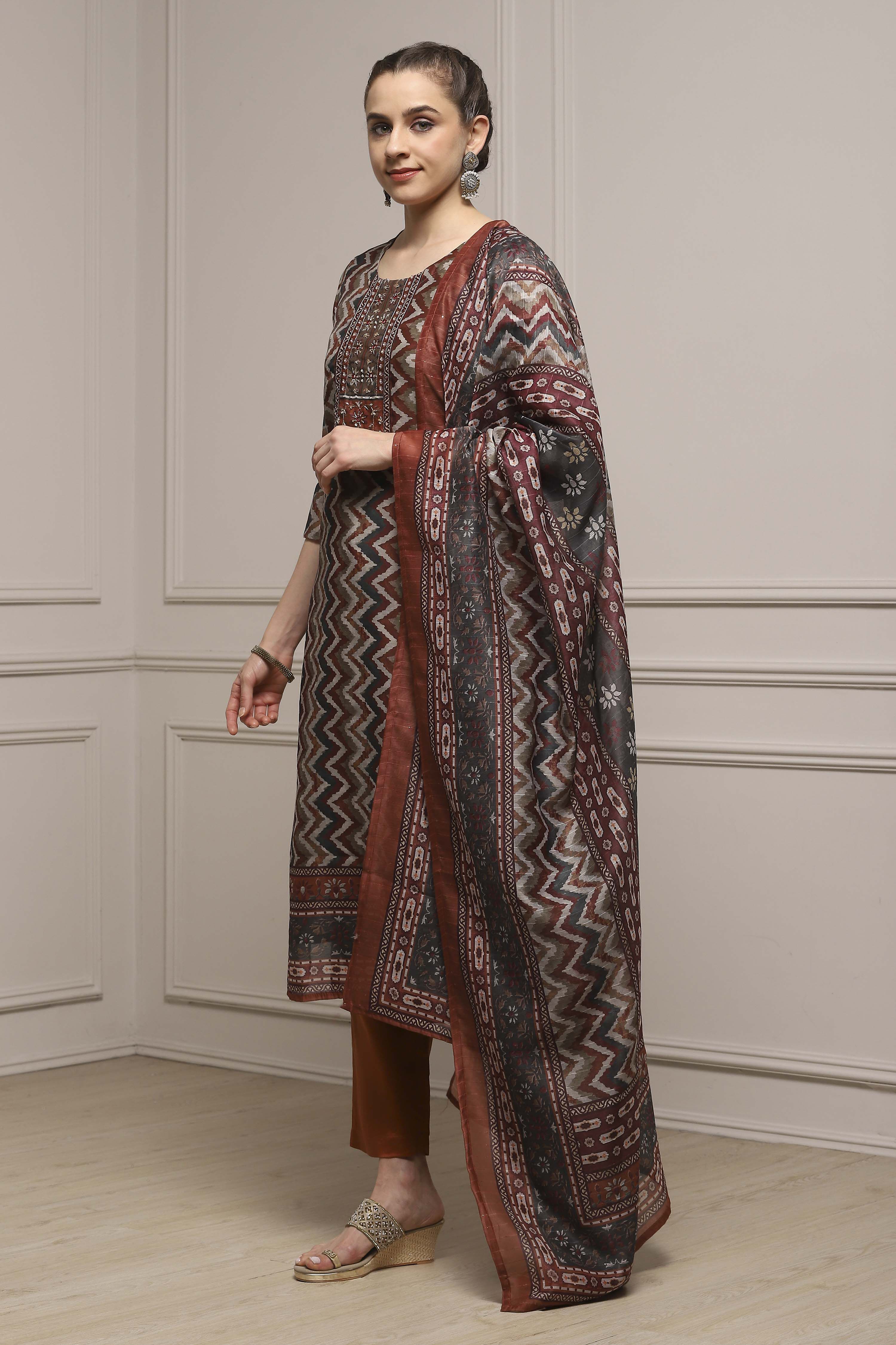 Orange Chanderi Blend Printed Embroidered Unstitched Suit Set image number 4