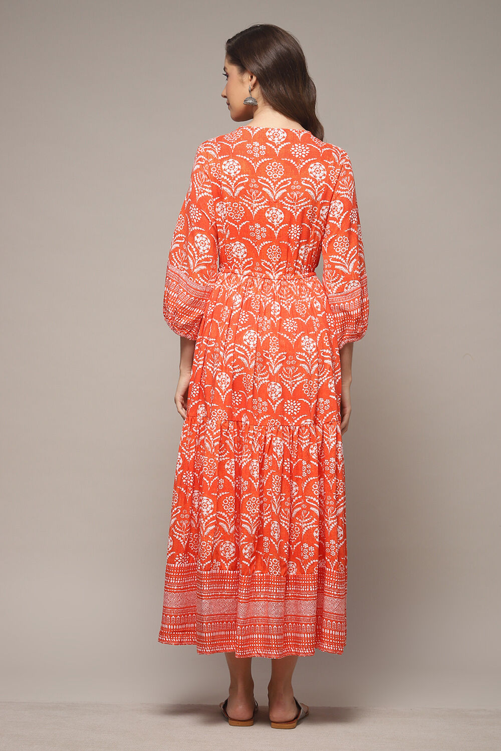 Orange Printed Tiered Dress image number 2