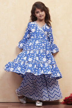 Navy Blue Cotton Angrakha Tiered Kurta Set image number 0