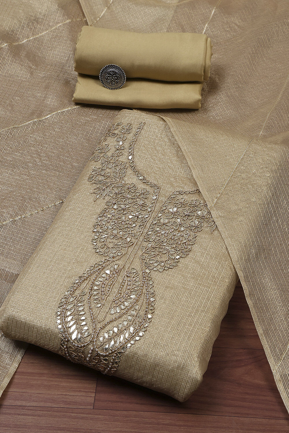 Beige Tissue Embroidered Unstitched Suit Set image number 0