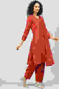 Berry Red Cotton Silk Straight Kurta Salwar Pant Suit Set image number 5