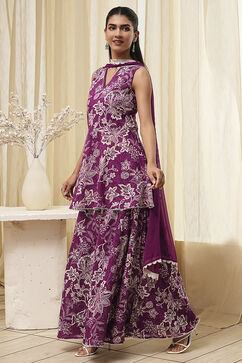 Berry Purple Cotton Floral Peplum Suit Set image number 3
