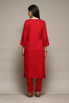 Coral Red LIVA Gathered Kurta Parallel Pants Suit Set image number 4