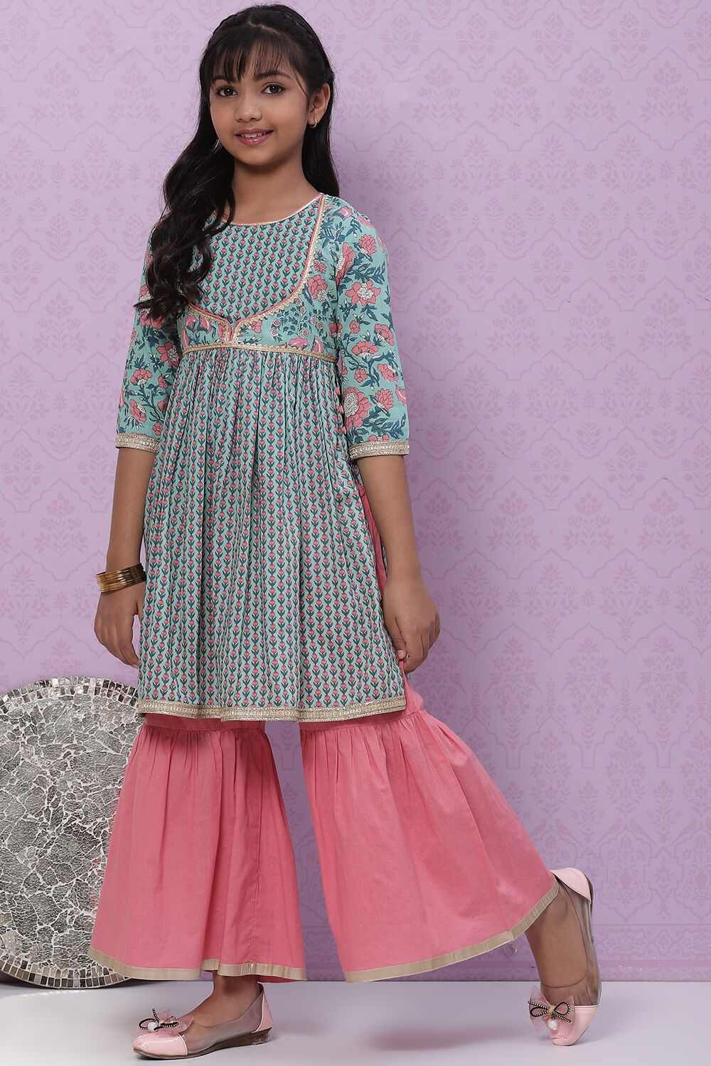 Sea Green Cotton Straight Garara Kurta Garara Suit Set image number 3