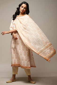 Beige Cotton Screen Print Unstitched Suit Set image number 1