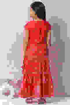 Red Art Silk Printed Short Top Lehenga Set image number 4