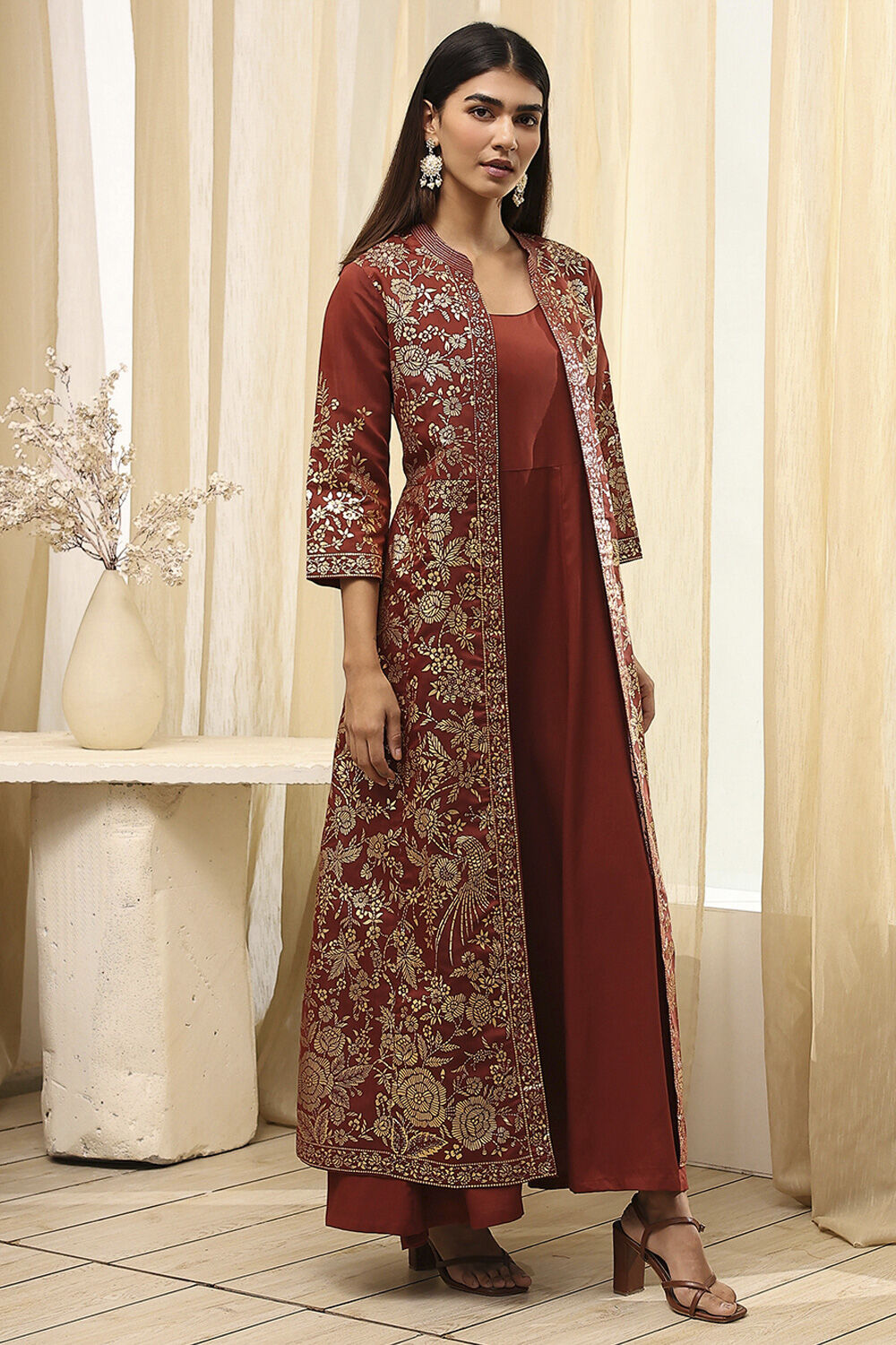Earthy Brown Printed Layered Cape Dress image number 4