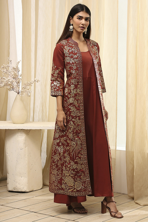 Earthy Brown Printed Layered Cape Dress image number 4