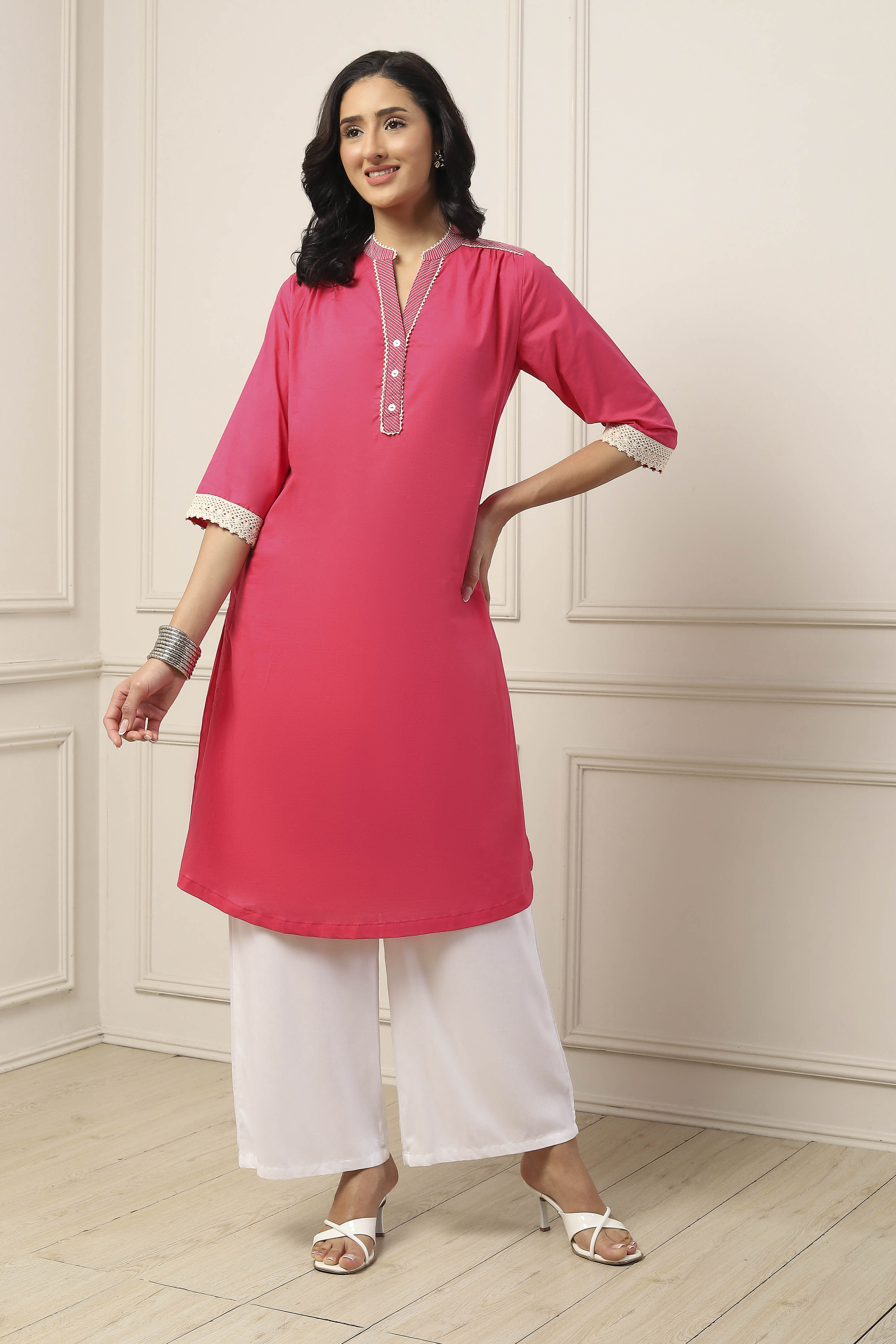 Pink Cotton Solid Straight Kurta image number 5