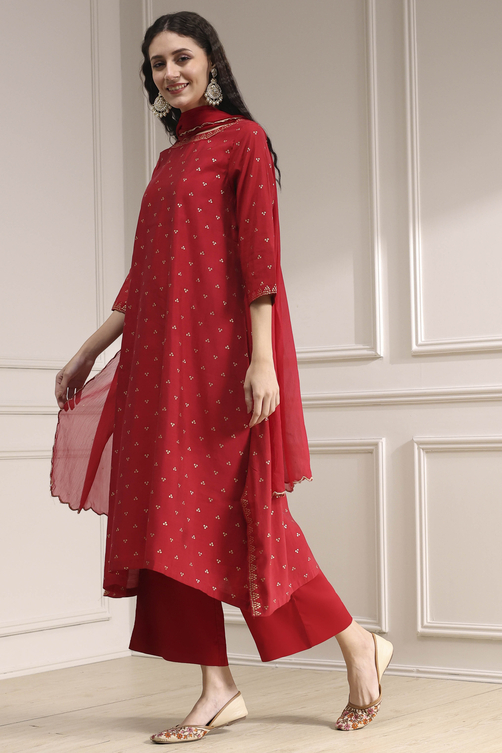 Purple Polyseter Blend Straight Printed Fusion Set image number 3