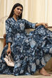 Earthy Blue Cotton Floral Tiered Dress