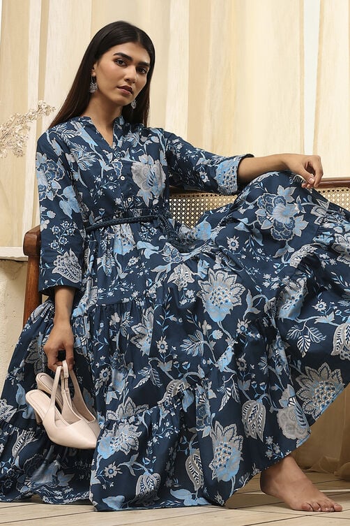 Earthy Blue Cotton Floral Tiered Dress image number 0