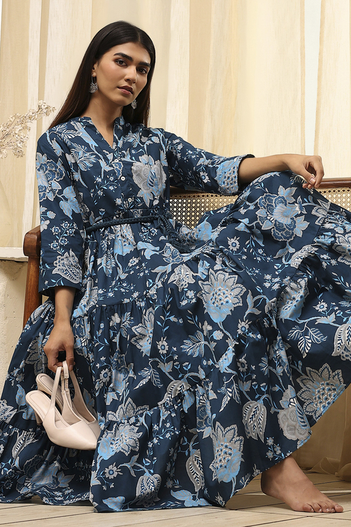 Earthy Blue Cotton Floral Tiered Dress image number 0