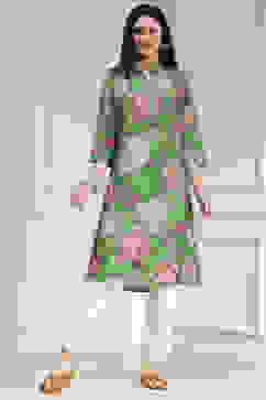 Green Floral Printed Straight Kurta image number 0