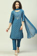 Teal Art Silk Straight Kurta Slim Pant Suit Set image number 0