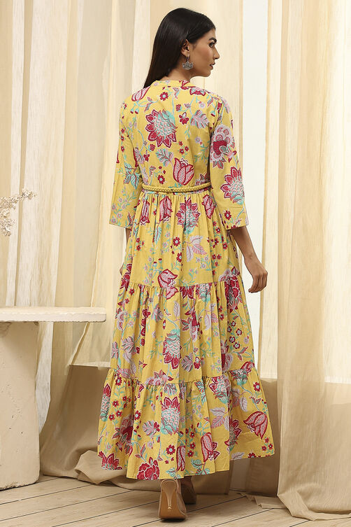 Earthy Blue Cotton Floral Tiered Dress image number 4