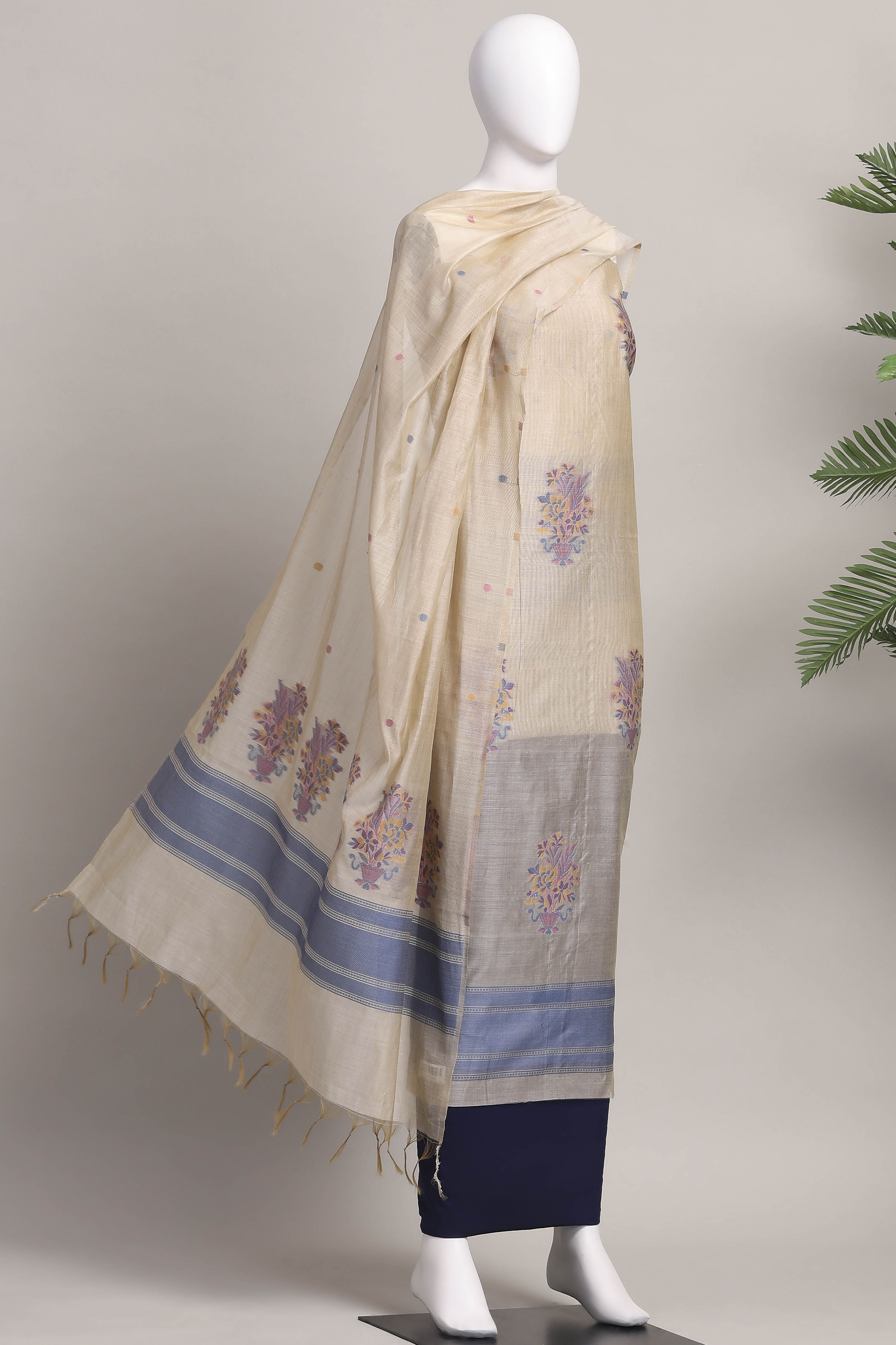 Rust Cotton Jamdani Unstitched Suit Set image number 4