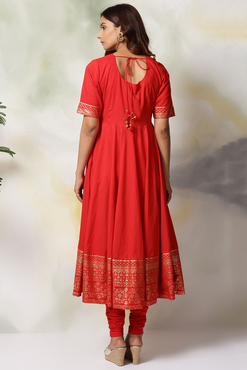 Red Cotton Anarkali Kurta Churidar Suit Set image number 5