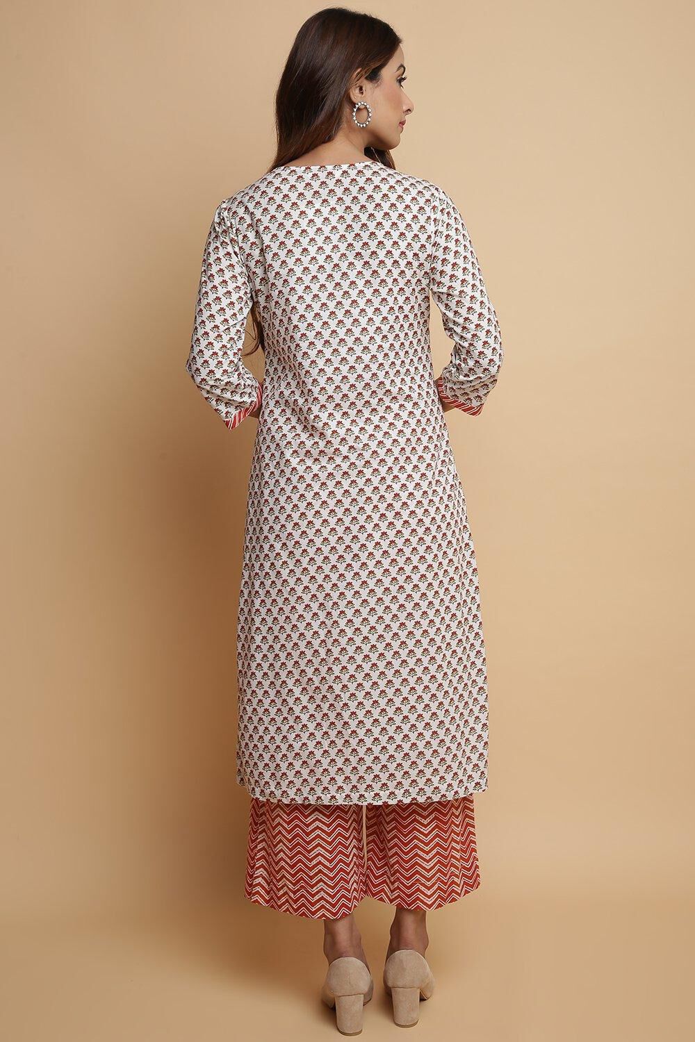 Off White Cotton Straight Kurta Palazzo Suit Set image number 4