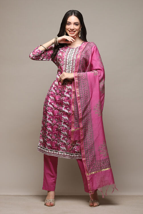 Wine Silk Blend Printed Unstitched Suit Set image number 1