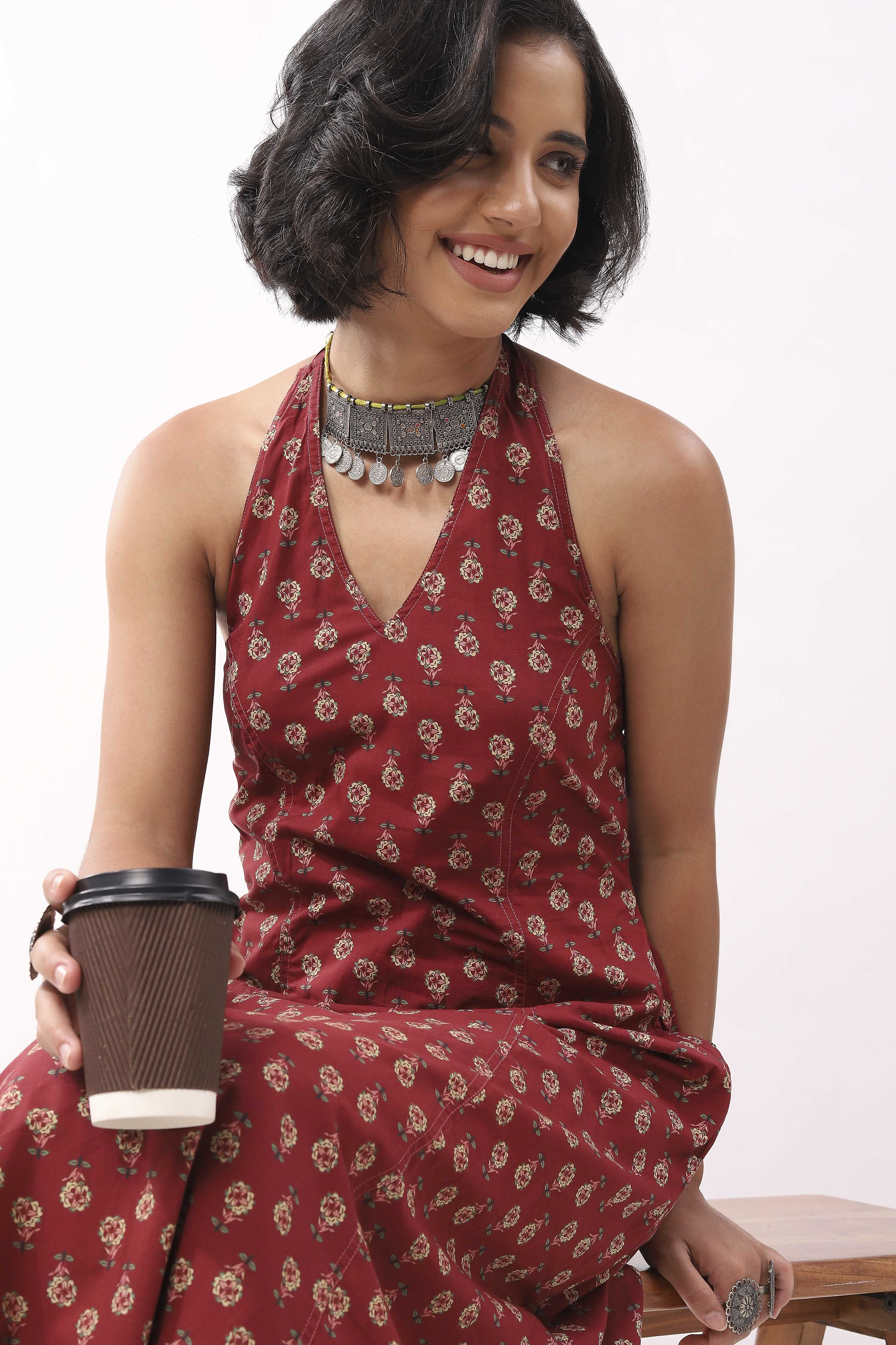 Maroon Cotton Printed A Line Dress image number 1