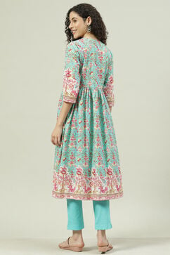 Green & Turquoise Printed Cotton Gathered Suit Set image number 4