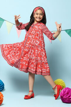 Red Cotton Tiered Printed Dress image number 0