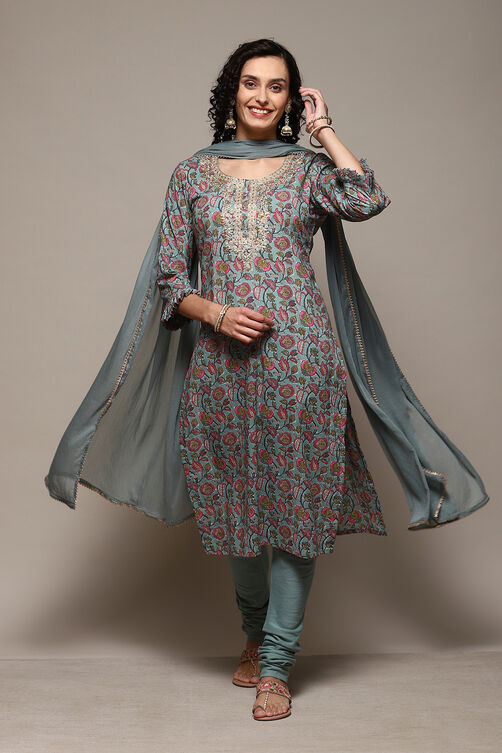 Sea Green Cotton Handloom Unstitched Suit Set image number 1