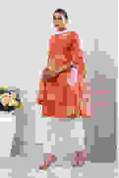 Orange and White Cotton Printed Straight Salwar Suit Set image number 3