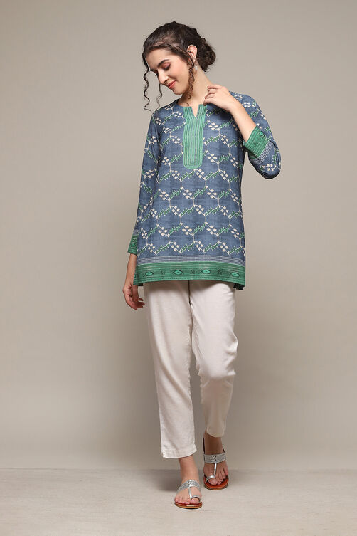 Denim Blue Polyester Straight Printed Kurti image number 0