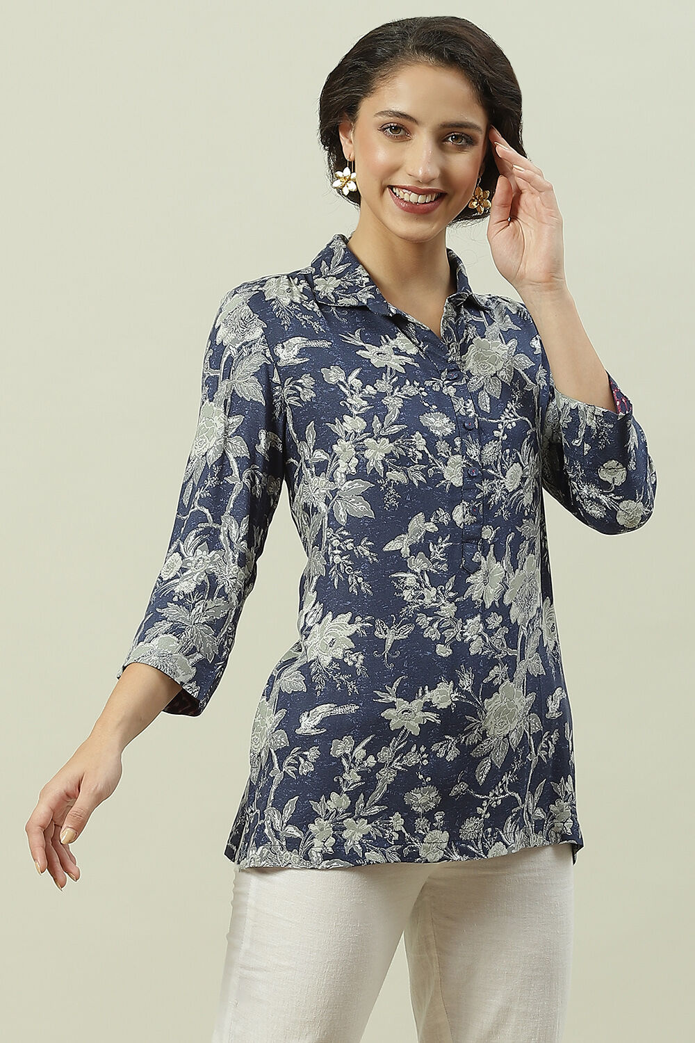Indigo LIVA Straight Printed Shirt image number 0