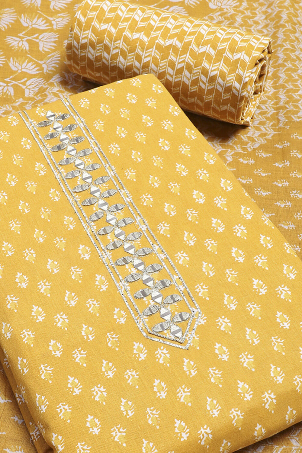 Mustard Yellow Cotton Printed Unstitched Suit Set image number 1