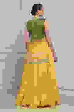 Yellow Olive Cotton Silk Straight Lehenga Set image number 4