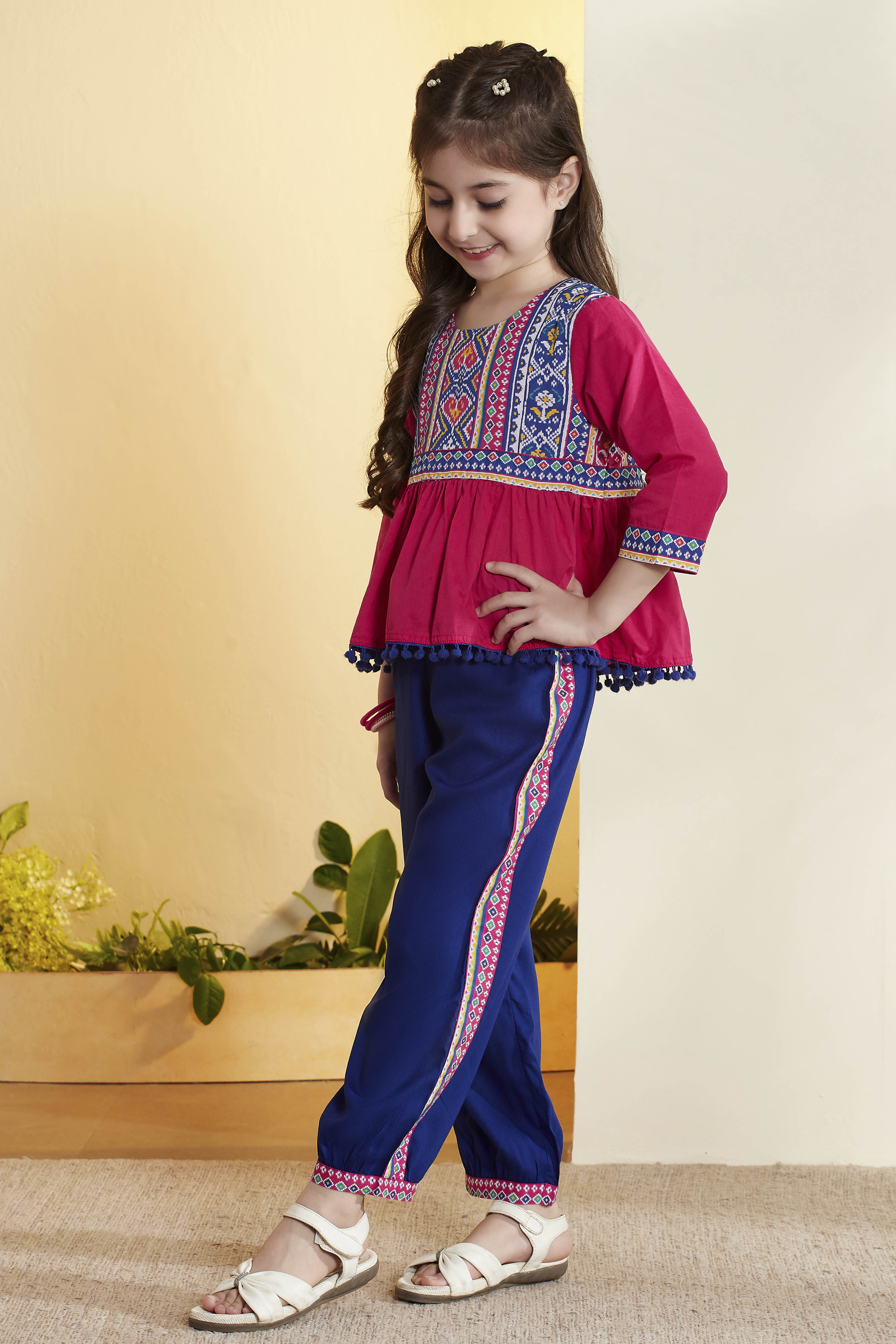 Pink Cotton Printed Gathered Kurta Pants Set image number 3