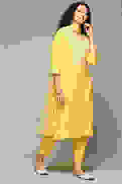 Yellow Rayon Straight Kurta Pants Suit Set image number 6