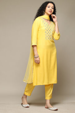 Yellow Rayon Straight Kurta Pants Suit Set image number 6