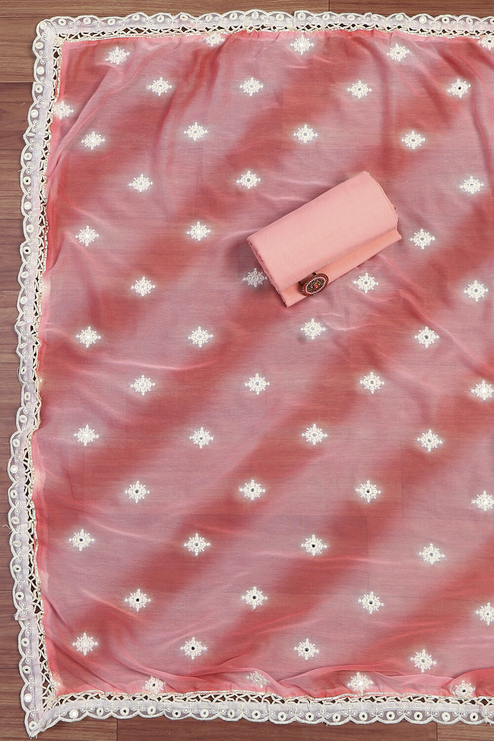 Pink Cotton Schiffly Unstitched Suit Set image number 3