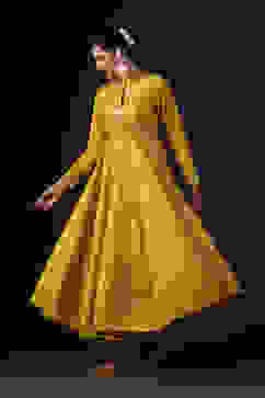 Rohit Bal Mustard Cotton Silk Anarkali Printed Suit Set image number 4