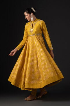 Rohit Bal Mustard Cotton Silk Anarkali Printed Suit Set image number 4