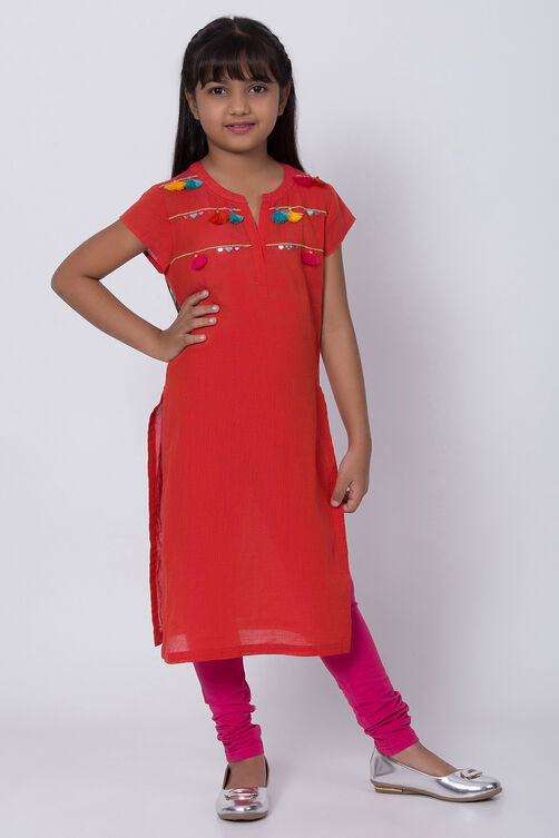 Orange Cotton Solid Kurta Leggings Set image number 3